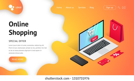 Landing page web design template for online shopping. Modern 3d isometric concept for online internet store. Vector illustration laptop, shopping cart, button bye and gradient liquid background