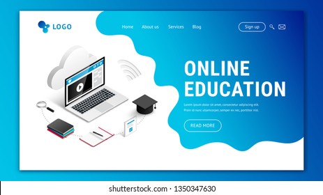 Landing page web design template for online education. Modern 3d isometric e-learning web site concept. Vector illustration with laptop, notebook, phone, coffee, pencils, cloud, blue amoeba background