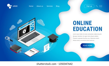 Landing page web design template for online education. Modern 3d isometric e-learning web site concept. Vector illustration with laptop, notebook, phone, coffee, pencils, cloud on blue background