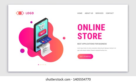 Landing page web design template for online internet store. Modern 3d isometric concept for online shopping site. Online payment template with smartphone integrated ATM. Vector illustration