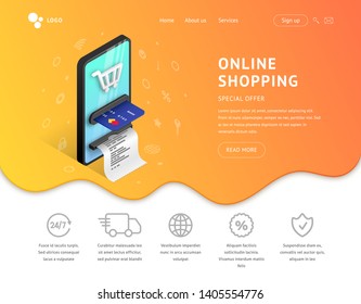 Landing page web design template for online shopping. 3d isometric concept for internet store site. Web page template with smartphone integrated ATM, icons and fluid background. Vector illustration