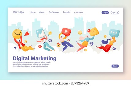 Landing page, web design, template concept of PR, advertising, digital marketing on Internet and social networks. Happy people flying and holding emoji and social media icons. Vector flat cartoon. 