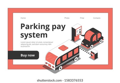 Landing page web site background with car isometric images and clickable links with text and buttons vector illustration