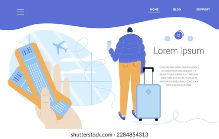 The landing page for web site with hand holding tickets and man, passenger wait  boarding to  the airplane. He wants to go to the journey on plane.