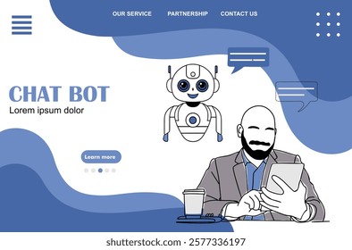 Landing page, web site template with AI chat bot virtual assistant. Artificial Intelligence in business process concept. Flat vector hand drawn illustration