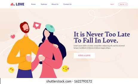 Landing Page or Web Template Design with Cartoon Lover Couple and Given Message as It is never too late to fall in love.