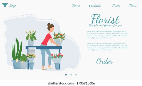 Landing page, web template florist shop, service, flower boutique stock vector illustration. Woman holding bouquet, near another bouquets and flowers in pots.