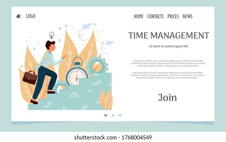 Landing Page, Web Template, Layout mit Mann nach oben, Zeitmanagement, persönliche Produktivität, Entwicklungskonzept in flacher Stock-Vektorgrafik.