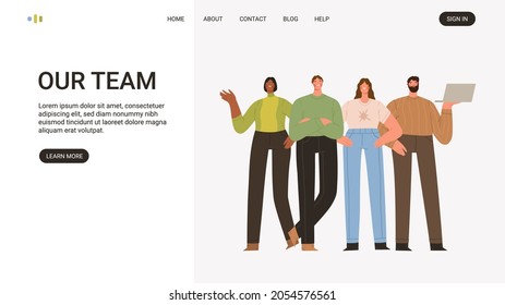 Landing page, web template for our team. Group of diverse office workers, clerks, employees, or colleagues standing together. Teamwork, cooperation, partnership. Flat graphic vector illustrations.