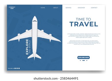 Landing page or web travel flat design template with airplane illustration. Perfect for airlines, travel agencies, and booking platforms. Clean, minimalist, and mobile friendly design.