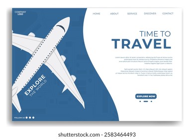 Landing page or web travel flat design template with airplane illustration. Perfect for airlines, travel agencies, and booking platforms. Clean, minimalist, and mobile friendly design.