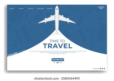 Landing page or web travel flat design template with airplane illustration. Perfect for airlines, travel agencies, and booking platforms. Clean, minimalist, and mobile friendly design.