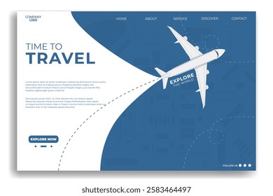 Landing page or web travel flat design template with airplane illustration. Perfect for airlines, travel agencies, and booking platforms. Clean, minimalist, and mobile friendly design.