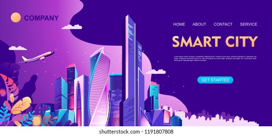 Landing page for a website about city life, social communication, concept, cityscape of a business center Vector horizontal illustration, banner on a blue background