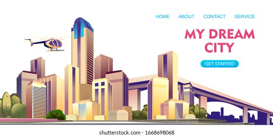 Landing page for a website about city life, social communication, concept, cityscape of a business center Vector horizontal illustration, banner on a white background