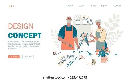 
Landing page for a website about floristry. Floral designers create bouquets. Creative activities for the elderly in a flower shop. Flower shop web template. Flat style. Vector illustration.
