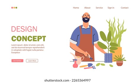 Landing page for a website about growing plants, gardening, urban jungle. A happy man takes care of potted plants at home. Gardening or horticulture. Flat style, vector.