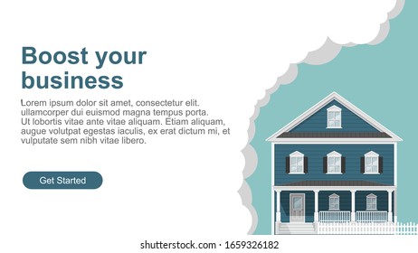 Landing Page, Website oder App Template mit Haus Hintergrund. Vektorillustration. Auflösung 4k.