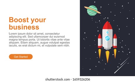 Landing page, website or app template with space and rocket backround. Vector illustration. 4k resolution.