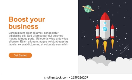 Landing page, website or app template with space and rocket backround. Vector illustration. 4k resolution.