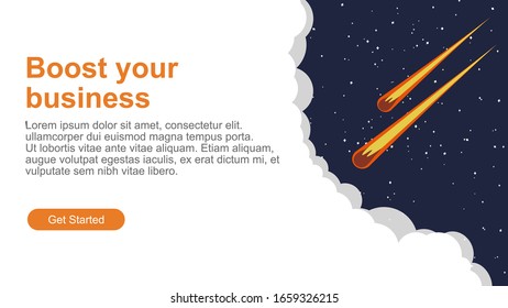Página de inicio, sitio web o plantilla de aplicación con cometa en el fondo del espacio. Ilustración vectorial. Resolución de 4k.