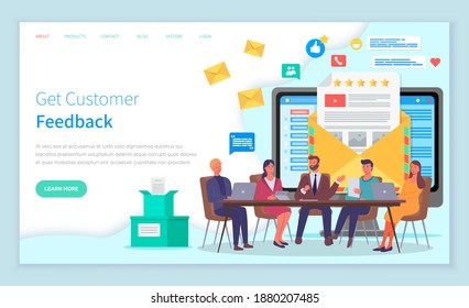 Landing page of website. Business conference, teamwork. Tech support giving feedback to users or customers of website, analysing consumer demands, rating stars, increase popularity of social network