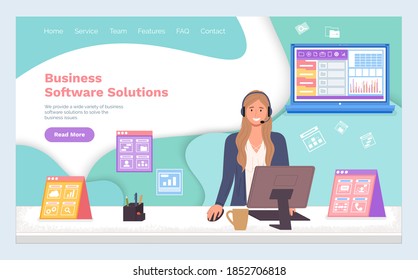 Landing page of website. Business software solutions. Woman operator with headset using computer. Laptop with analytical report, files. Automatization, dashbords, own workflow. Help online center