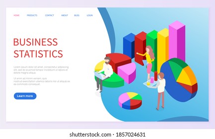 Landing page of website. Business statistics. Vector visual presentation. Businesspeople analysing financial statistics, diagram or pie charts, growing graphic. Web analytics, digital marketing