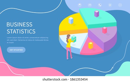 Landing page of website. Business statistics. Woman near huge 3d isometric digram, making choice, touching part, analysing financial statistics, colorful pie chart. Web analytics, digital marketing