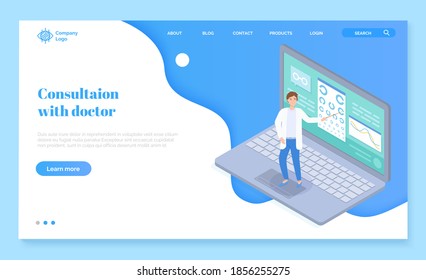 Landing page of website. Überprüfung der Sehkraft im virtuellen medizinischen Kabinett in okulistisch mit Laptop. Ophthalmologe mit Zeiger in der Nähe des Diagrammauges. Online-medizinische Hilfe aus der Ferne. Flaches Beispiel
