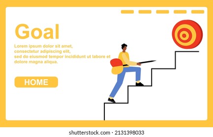 Landing page for a website, the concept of achieving goals. A man climbs up the stairs