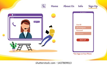 Landing Page Website Customer Service Interactive , Call Center for online Shopping and  Business Concept Vector Template Design Illustration