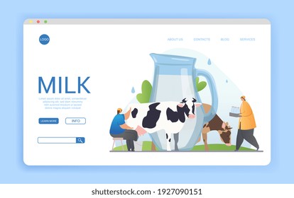 Landing page for a website depicting milk production at a dairy with cow, farmhands and jug of milk, flat cartoon colored vector illustration with copyspace