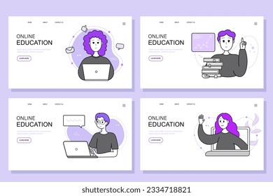 Landing page website design or presentation website template for online education, courses, seminars, back to school. Modern flat style. Set of vector illustration.