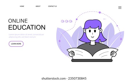 Landing page website design or presentation website template for online education, courses, seminars. Modern flat style. Vector illustration.