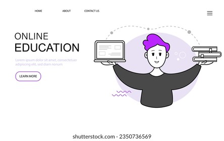 Landing page website design or presentation website template for online education, courses, seminars. Modern flat style. Vector illustration.