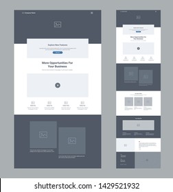 Landing Page Website Design Template For Business. One Page Wireframe. Flat Modern Responsive Design. Ux Ui Website Template. Concept Mockup Layout For Development. Best Convert Page.