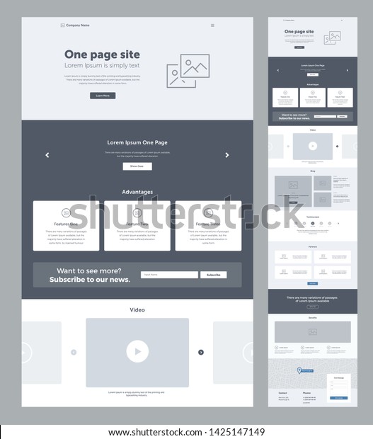 Landing page\
website design template for business. One page wireframe. Flat\
modern responsive design. Ux ui website template. Concept mockup\
layout for development. Best convert\
page.