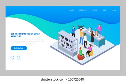 Landing Page der Website, Distributor Kundenservice. Isometrisches Bild mit Leuten im Technologiegeschäft, die digitale Geräte kaufen. Online-Konsultation mit Händlern auf der Website. Individuelle Hilfe für Kunden