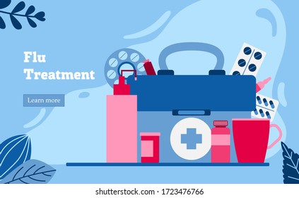 Landing page for website with first aid kit and medicines: tablets, syrup, pills. Concept with flu treatment in flat style. Vector illustration.