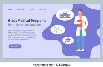 Landing Page Of Website, Great Medical Programs For High School Students, Medical Education. Doctor Physician Therapist With Clipboard. Icon Of University, Chemistry, Education. Medical Website