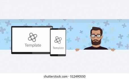 Landing page, website header. Elements for modern digital tablet PC with mobile smartphone.