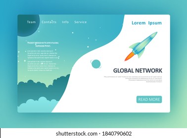 Landing page for a website to launch the company on the Internet. Successful startup business concept. Illustration with rocket launch. Digital concept for your design