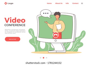 Landing page of website. Man talking through videocall. Video conference at computer, online conversation with video. Guy holding document, gesture hand. Man with bubble text cloud. Live stream