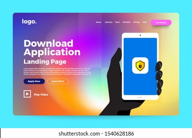 Landing page website mockup abstract background. Vivid bright gradient. Concept concept hand hold mobile application screenshot for download. Vector illustrate.
