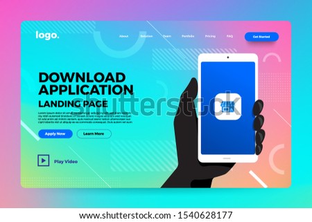 Landing page website mockup abstract background. Vivid bright gradient. Concept concept hand hold mobile application screenshot for download. Vector illustrate.