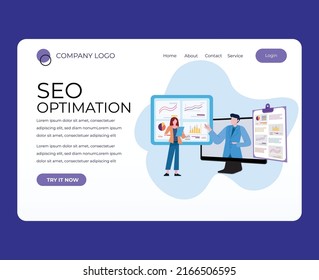 optimización del sitio web de la página de inicio con el trabajador, el portátil, imágenes de ordenador e infografías