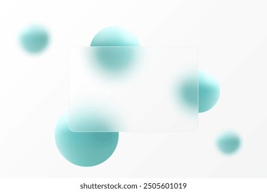 Página de aterrizaje del Sitio web en el estilo del morfismo del vidrio. Pantalla de presentación blanca con el efecto de superposición de vidrio en esferas de gradiente flotante.
