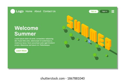 landing page or website summer season isometric illustration greeting with spruce pine tree and wood template