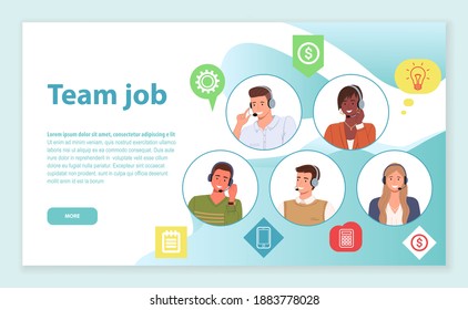 Landing page of website. Team job. Consultants or operators of call center or hotline solving customer's problems together in team. Team of mix race managers wearing headsets in circles at site